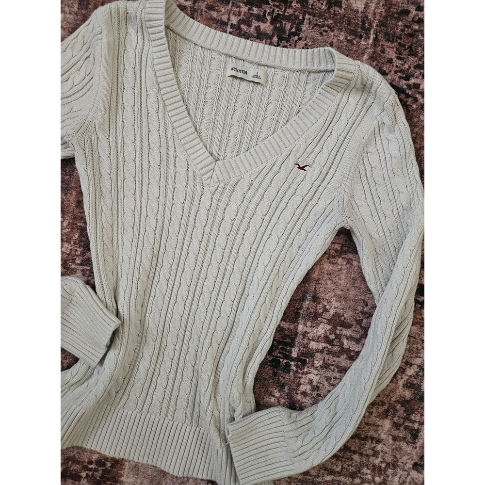 Y2K Hollister V-Neck Cable Knit Sweater Off White Cream Size Small Indie